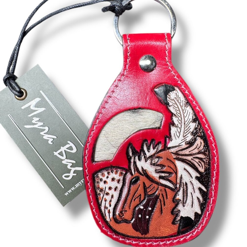 Myra Bag Leather and Hair-On Hide Hand-tooled "Stallion" Key Chain - NEW